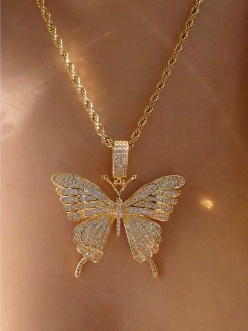 Gold Butterfly Pendant Necklace with Crystals - Women Jewelry 18inch